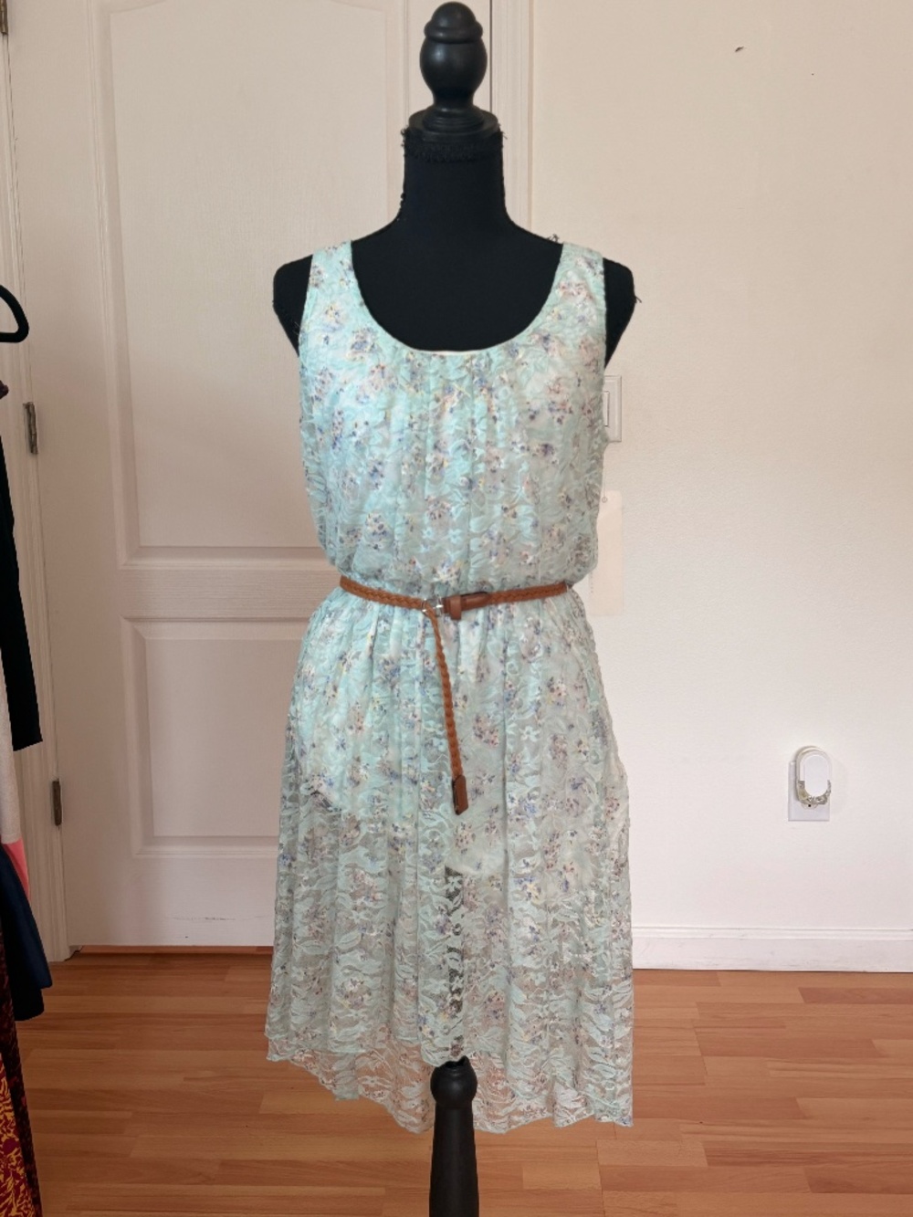 NWT As U Wish Mint Floral Lace High Low Dress Boho Belted Sleeveless Sz M